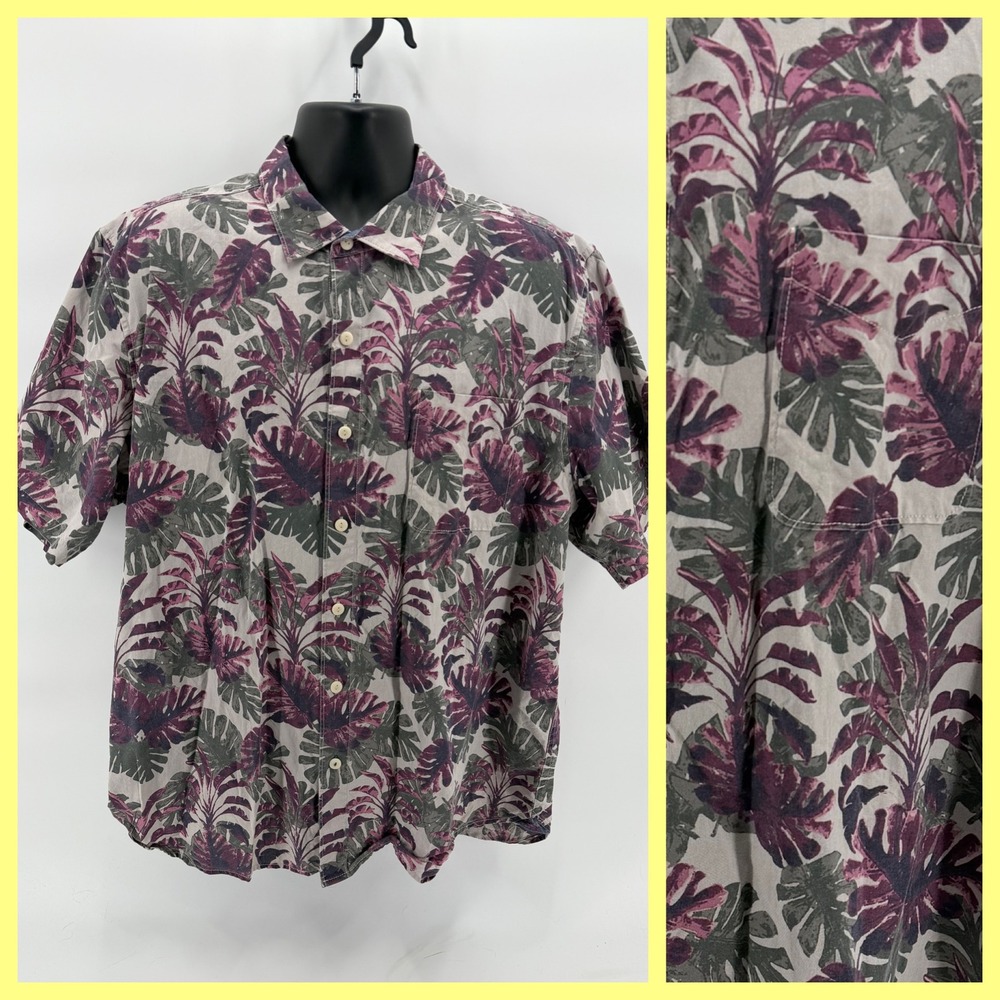 Tommy Bahama Shirt Mens XL Purple Green Tropical Palm‎ Leaf Cotton Camp Hawaiian